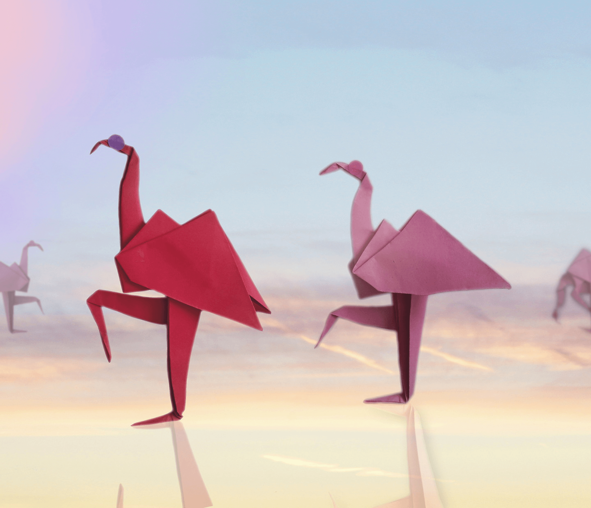 Origami pink flamingos